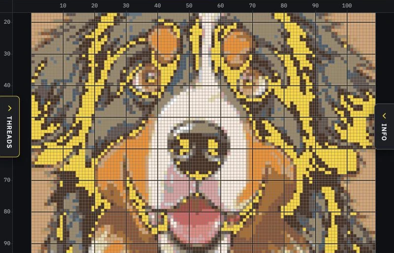 The whole chart with every stitch of one thread shown in bright yellow
