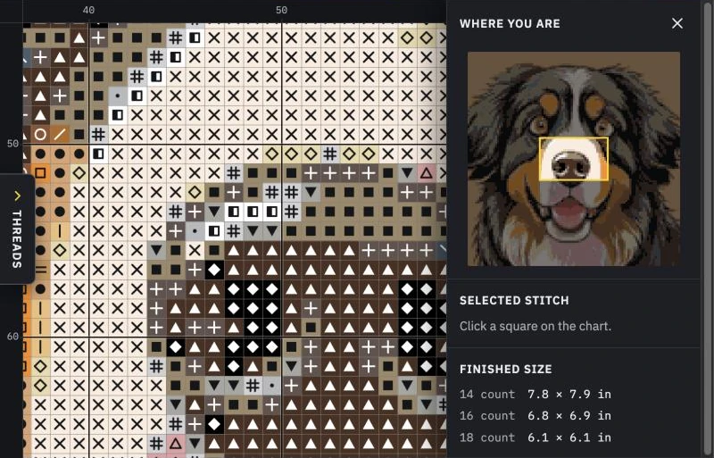 The chart beside a panel that shows a small picture of the whole pattern with the part in view marked, and the finished size on 14, 16 and 18-count fabric