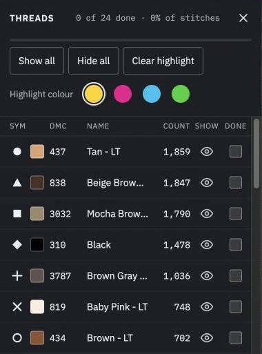 The list of threads: a symbol, a DMC number, a name and a number of stitches for each color
